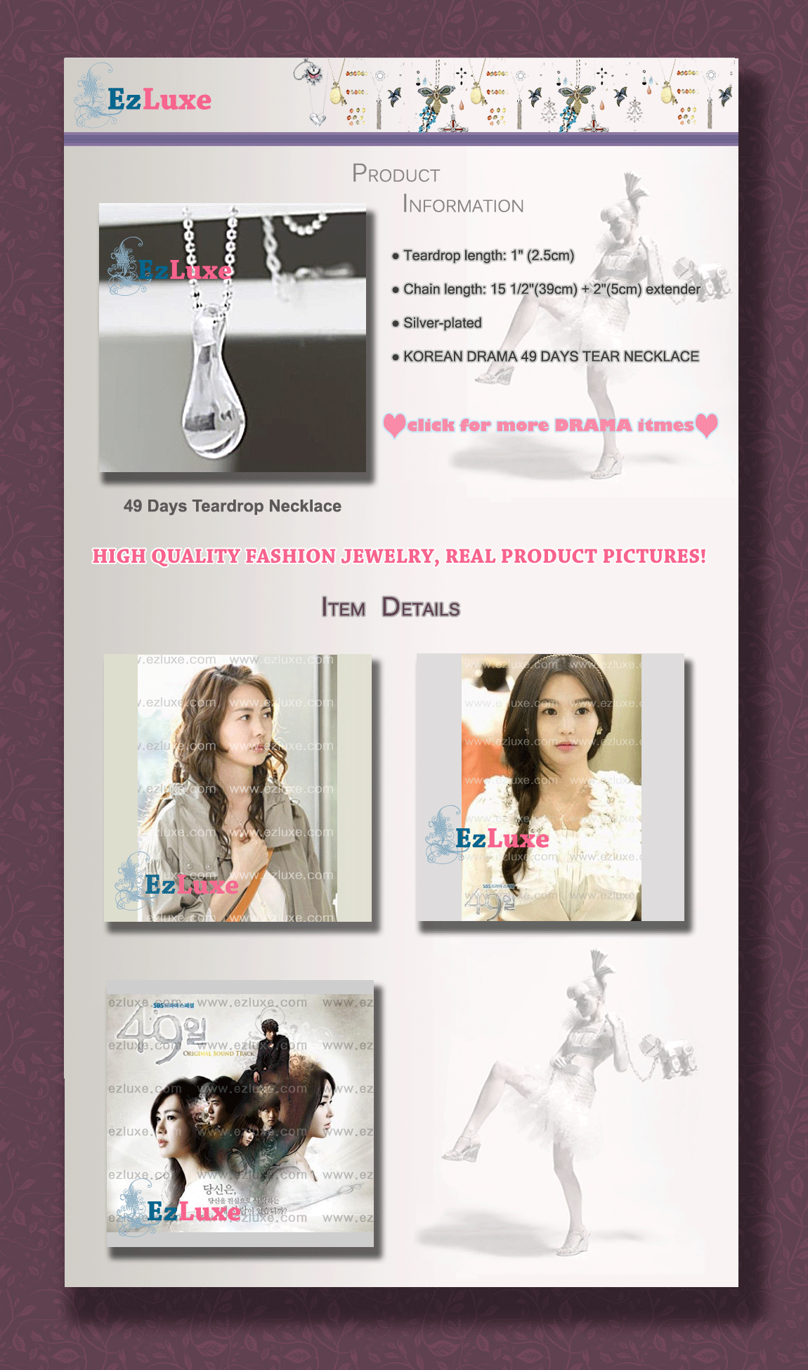 Korean Drama 49 days Teardrop Necklace Love Tear Drop Fantasy Romance 